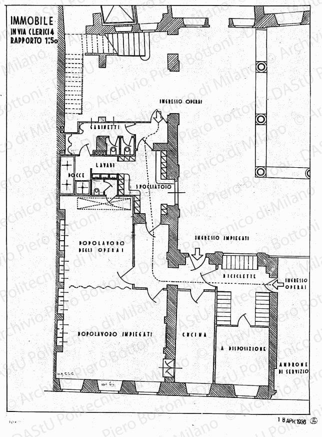 Immobile in via Clerici 4, pianta piano terreno, scala 1:50, 18 aprile 1936. China e matita su lucido, cm 50,0x37,3. 