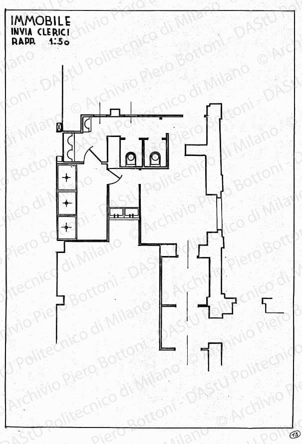 Immobile in via Clerici, pianta piano terreno (spogliatoio e servizi), scala 1:50, s.d. China e matita su lucido, cm 38,3x27,1. 