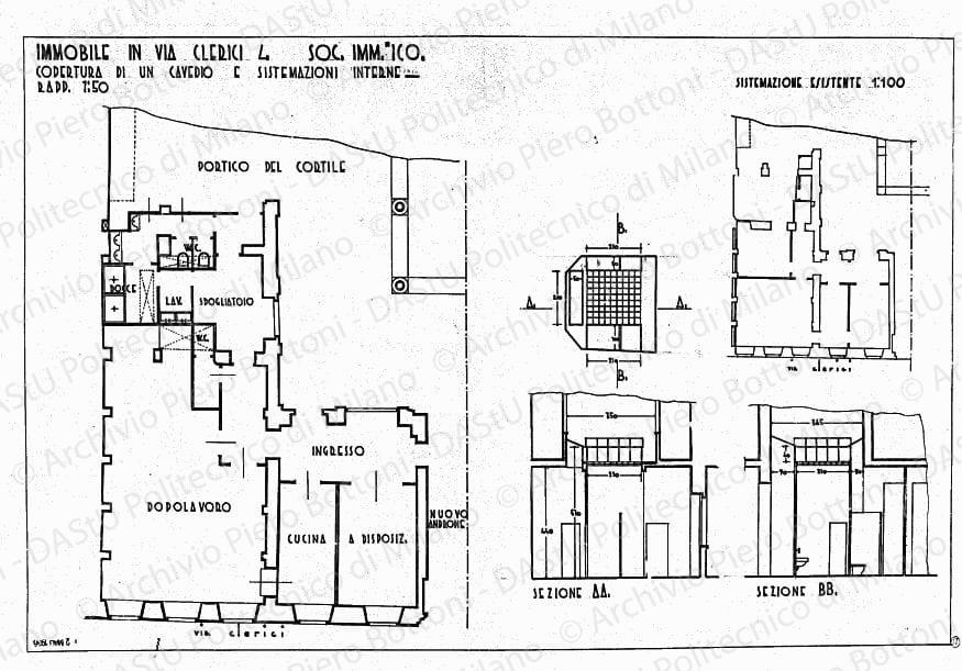 Immobile in via Clerici 4, Soc. imm. Ico, copertura di un cavedio e sistemazioni interne, piante e sezioni, scala 1:50, 1:100, 2 maggio 1936. China e matita su lucido, cm 49,0x73,9. 