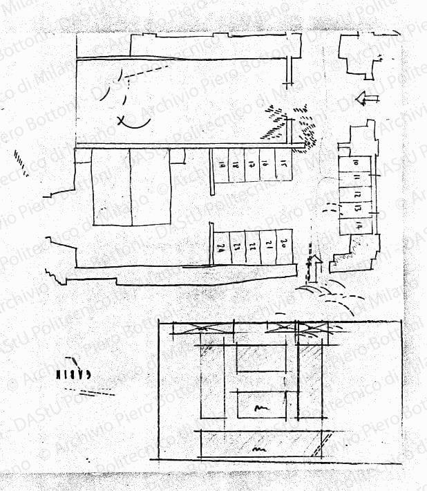 Schizzi (schema lucernari e pianta di alcuni locali), s.d. Matita su lucido, cm 22,7x23,3. 