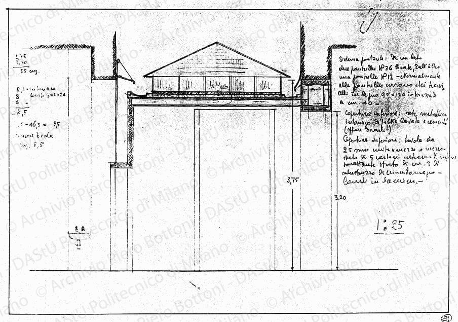 Sezione del lucernario con indicazioni di carattere costruttivo, scala 1:25, s.d. Matita su lucido, cm 26,0x37,9. 