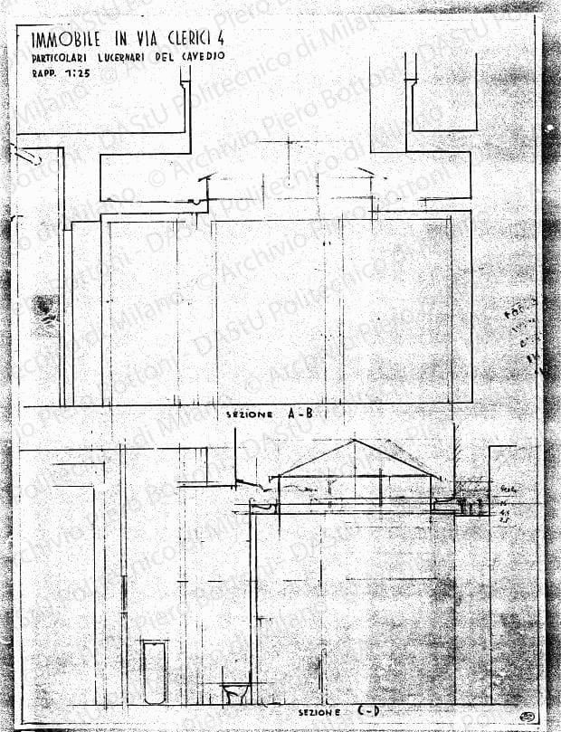 Immobile in via Clerici 4, particolari lucernari del cavedio, sezioni, scala 1:25, s.d. Matita su lucido, cm 48,7x35,7. 