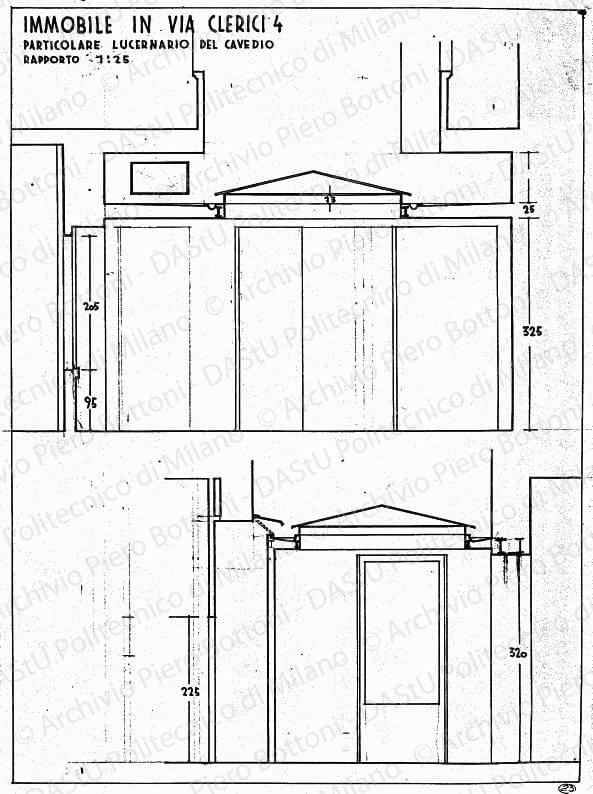 Immobile in via Clerici 4, particolari lucernari del cavedio, sezioni, scala 1:25, s.d. China e matita su lucido, cm 49,7x36,2. Correzioni a matita. 