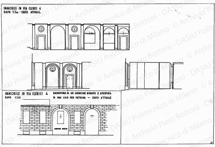 Immobile in via Clerici 4, riapertura di un androne murato e apertura di una luce per vetrina, prospetti e sezione stato attuale, scala 1:50, s.d. China su lucido, cm 48,9x74,1. 