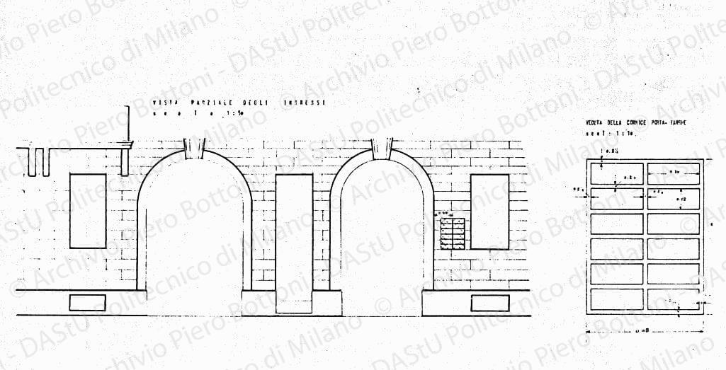 Vista parziale degli ingressi, veduta della cornice porta-targhe, prospetti, scala 1:10, 1:50, s.d. Eliografia su carta, cm 23,3x44,4. 