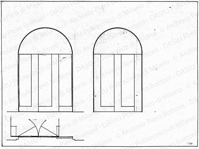 Pianta e prospetti porte androne, scala 1:20, s.d. China e matita su lucido, cm 38,0x52,2. 