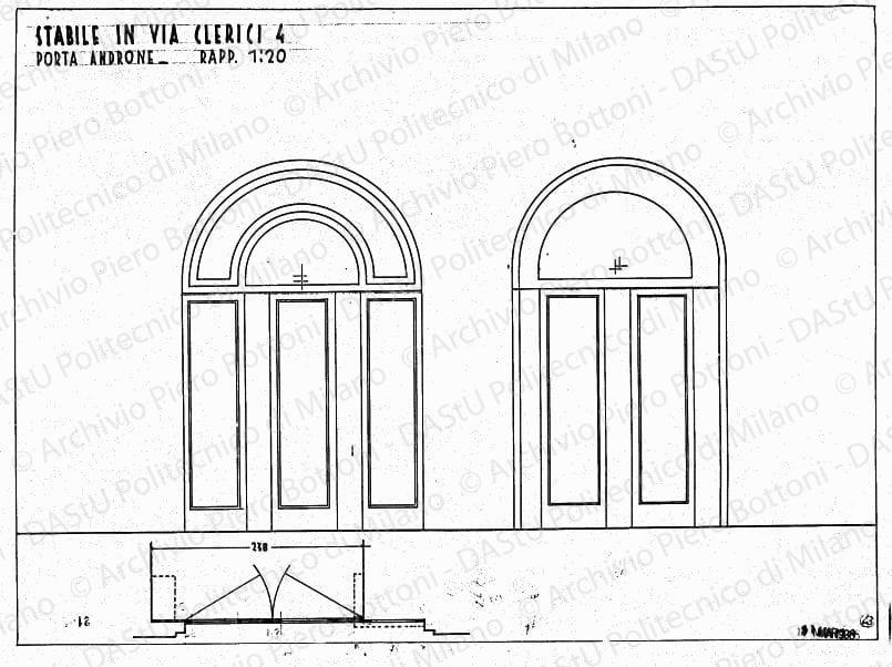 Stabile in via Clerici 4, porta androne, pianta e prospetti, scala 1:20, marzo 1936. China su lucido, cm 36,3x49,2. 