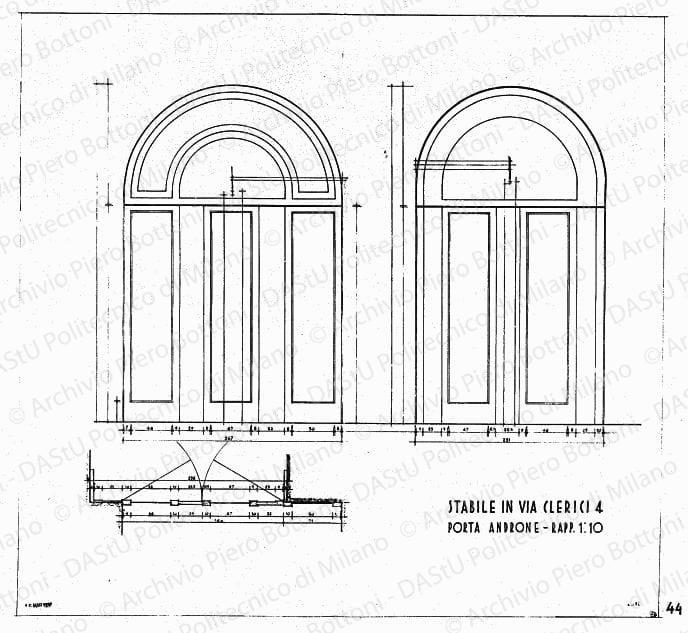 Stabile in via Clerici 4, porta androne, pianta e prospetti, scala 1:10, prot. 2090, 19 marzo 1936.China su lucido, cm 74,4x78,8. 