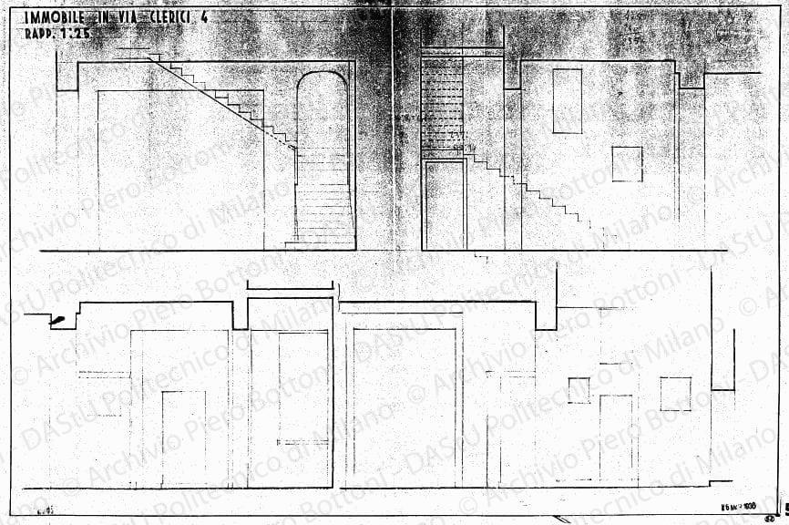 Immobile in via Clerici 4, sezioni androne e portico, scala 1:25, 25 marzo 1936. Matita su lucido, cm49,3x73,2. 