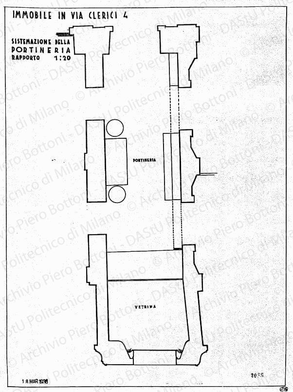 Immobile in via Clerici 4, sistemazione della portineria, pianta, scala 1:20, prot. 2088, 18 marzo 1936. China su lucido, cm 49,3x36,8. 