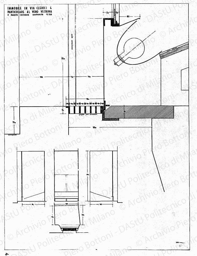 Immobile in via Clerici 4, particolare vetrina e pareti interne, scala 1:1, 1:20, prot. 2088, 4 marzo1936. China su lucido, cm 99,2x74,3. 