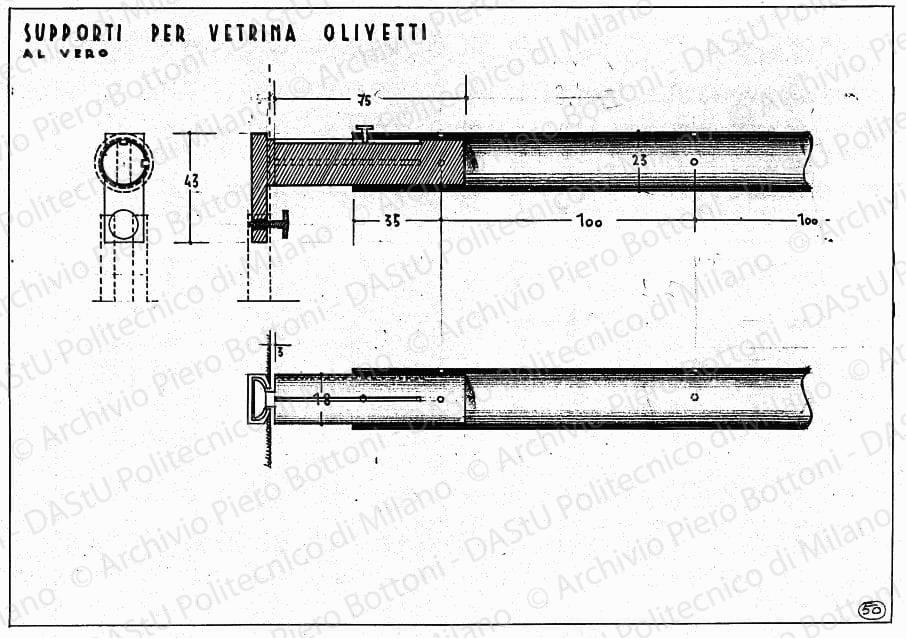 Supporti per vetrina Olivetti, sezioni, scala 1:1, s.d. China e matita su lucido, cm 26,0x37,3. 