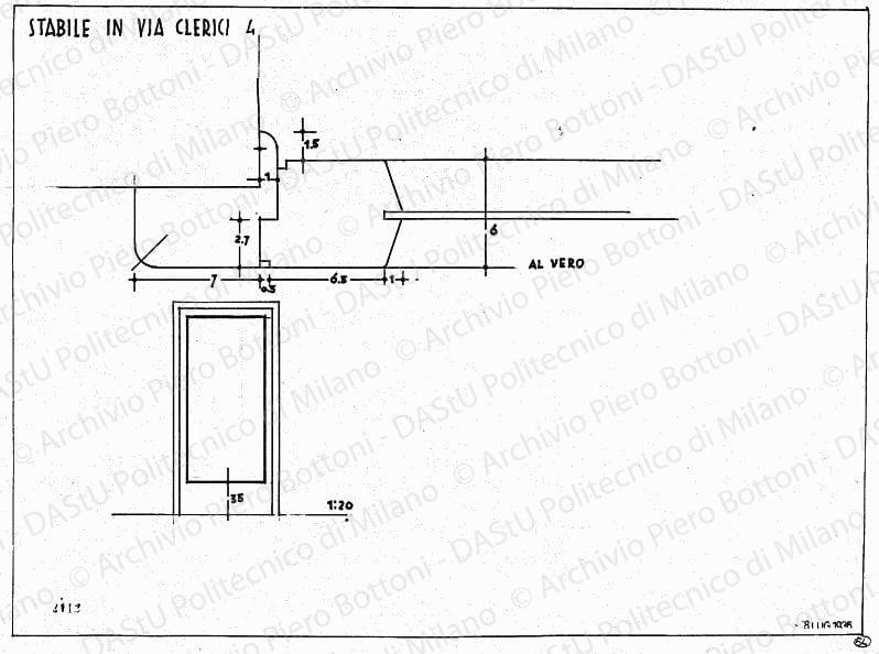 Stabile in via Clerici 4, particolare porta, scala 1:1, 1:20, prot. 2112, 8 luglio 1936. China e matita verde su lucido, cm 36,4x50,0. 