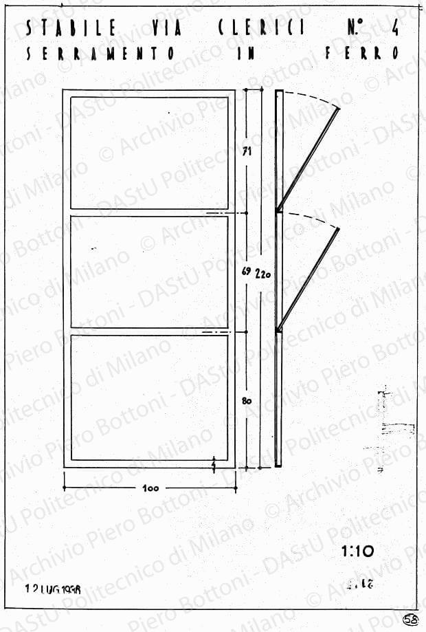 Stabile in via Clerici n. 4, serramento in ferro, scala 1:10, prot. 2115, 12 luglio 1936. China su lucido, cm 36,6x25,2. 