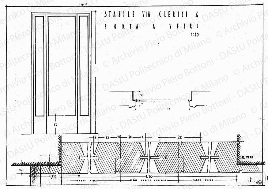 Stabile in via Clerici n. 4, porta a vetri, scala 1:1, 1:10, prot. 2116, 18 luglio 1936. China e matita su lucido, cm 35,5x50,2. 