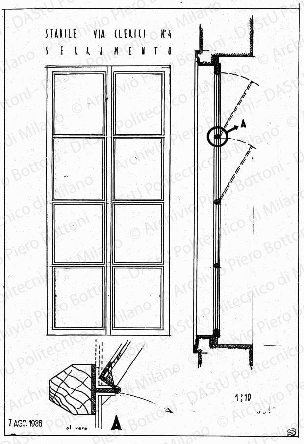 Stabile in via Clerici n. 4, serramento, scala 1:1, 1:10, 7 agosto 1936. China su lucido, cm 36,2x25,0. 