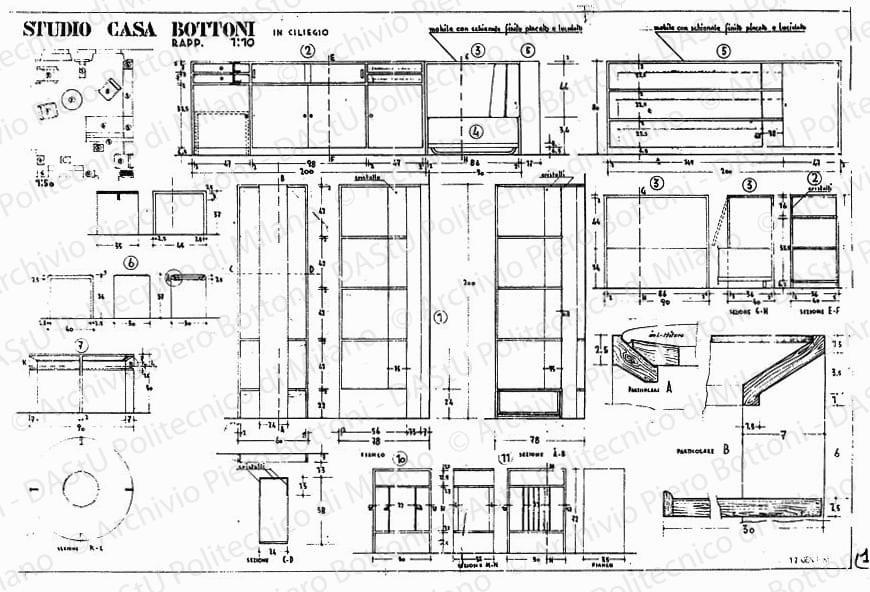Studio casa Bottoni, pianta arredo e mobili, scala 1:10, 1:50, prot. 2049, 17 gennaio 1936. China e matita su lucido, cm 49,0x72,0.