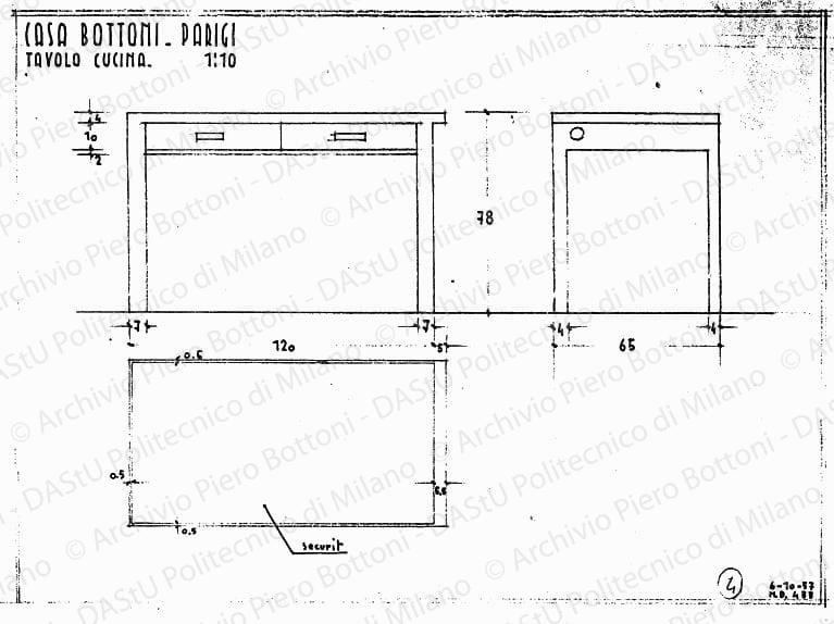 Casa dott. Bottoni, tavolo cucina, scala 1:10, 6 ottobre 1937. Matita e china su lucido, cm 26,8x35,8.