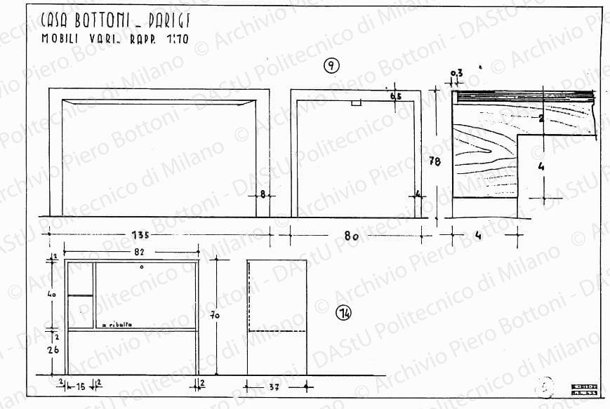 Casa Bottoni, Parigi, mobili vari, scala 1:10, 15 ottobre 1937. China e matita su lucido, cm 25,0x36,8.