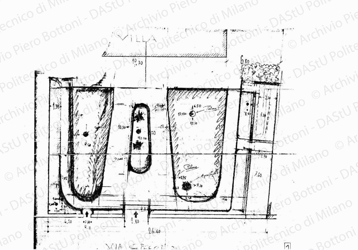 Studio sistemazione giardino dell'ingresso, pianta, scala 1:100, s.d. Matita su eliografia su carta, cm 26,5 x 31,5.