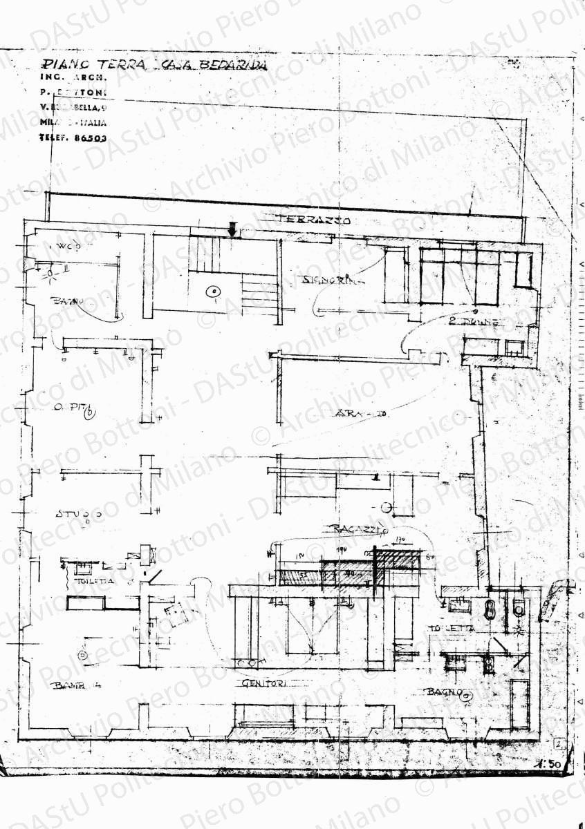 Studio dell'impianto elettrico su: Casa Bedarida, Livorno, piano terra, scala 1:50, s.d. Matite colorate su eliografia su carta, cm 68,0 x 48,2.