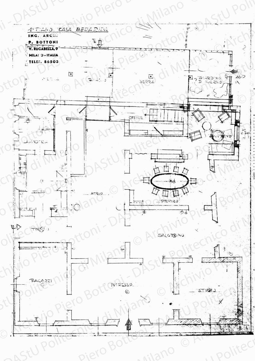 Studio dell'impianto elettrico su: Casa Bedarida, Livorno, 1 piano, scala 1:50, s.d. Matite rossa su eliografia su carta, cm 52,0 x 40,4.