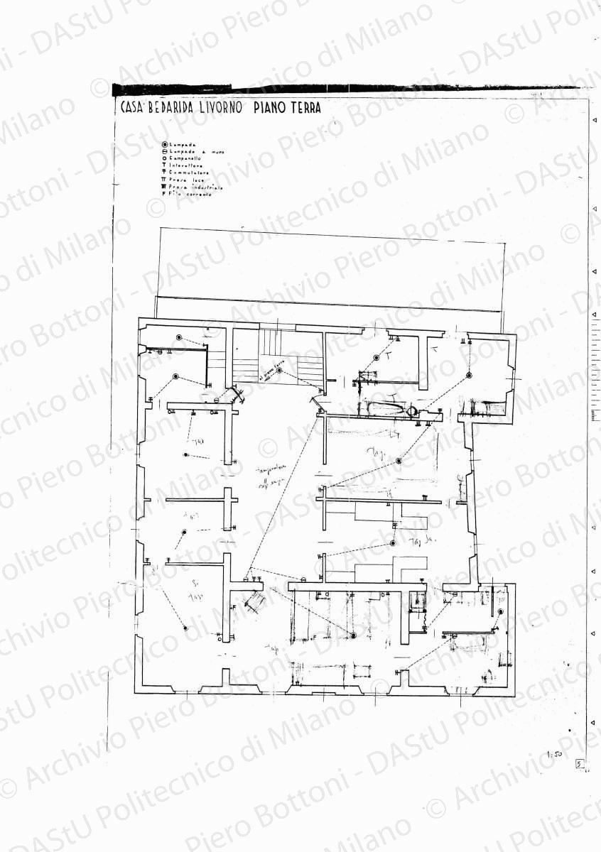 Casa Bedarida, Livorno, piano terra, scala 1:50, s.d. Eliografia su carta, cm 68,0 x 48,2. Indicazioni d'arredo e di finitura a matita.