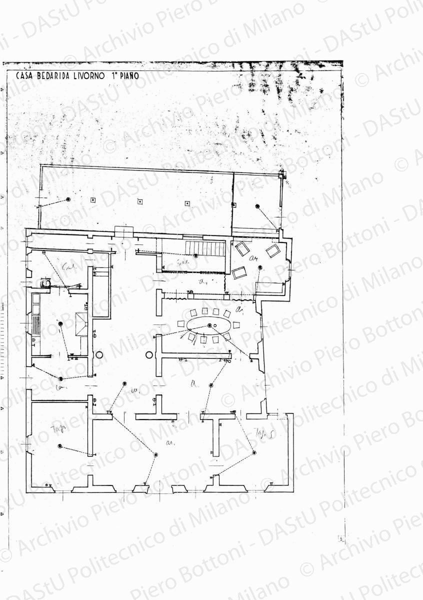 Casa Bedarida, Livorno, 1 piano, scala 1:50, s.d. Eliografia su carta, cm 68,9 x 48,3. Indicazioni di finitura a matita.