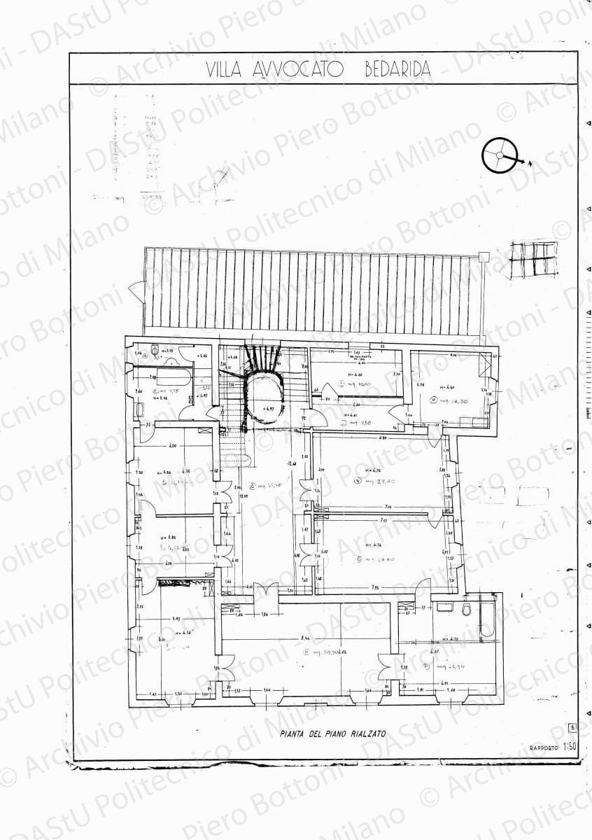 Villa avvocato Bedarida, pianta del piano rialzato, scala 1:50, s.d. Eliografia su carta, cm 72,8 x 52,8. Correzioni e annotazioni a matita.