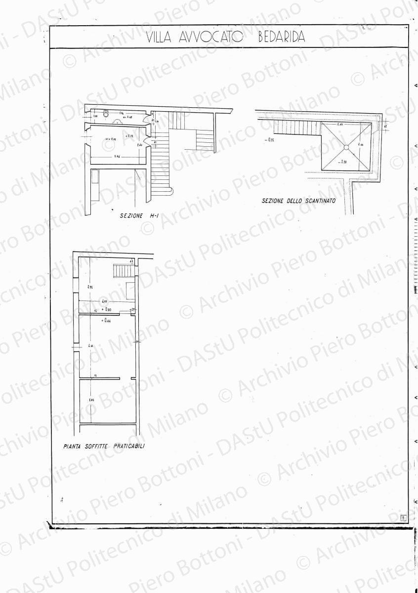 Villa avvocato Bedarida, pianta soffitte praticabili, sezione H-I e sezione dello scantinato, scala 1:50,s.d. Eliografia su carta, cm 73,0 x 53,2.