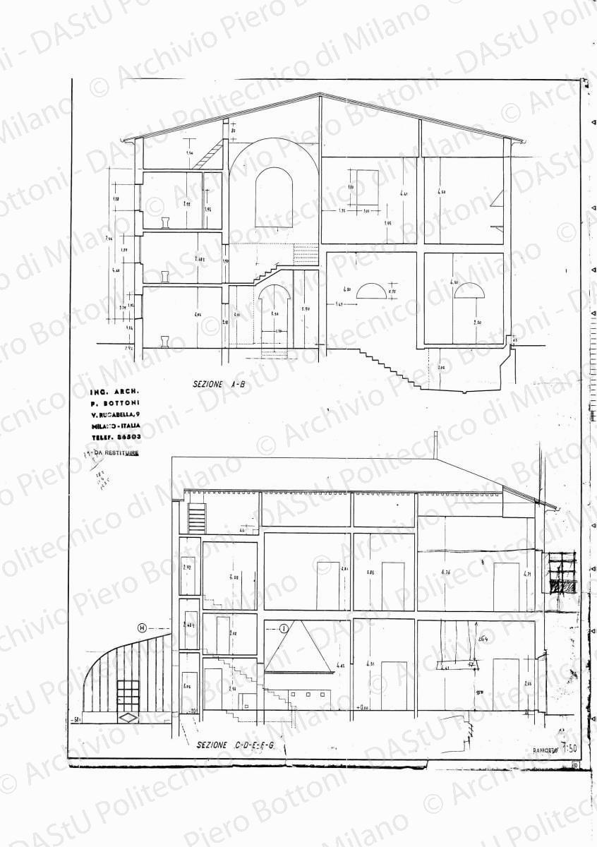 Villa avvocato Bedarida, sezione A-B e sezione C-D-E-F-G, scala 1: 50, s.d. Eliografia su carta, cm 68,8x 52,6. Annotazioni a matita.