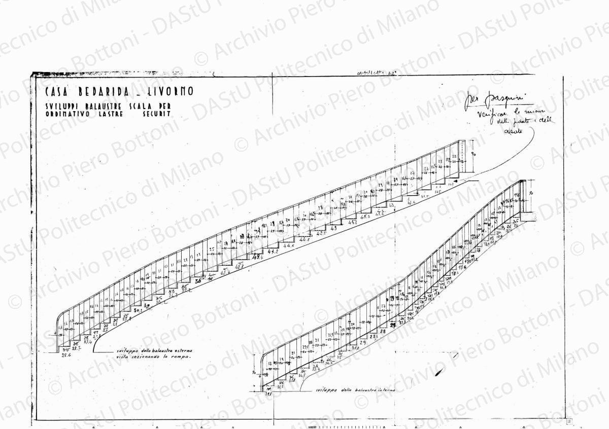 Casa Bedarida, Livorno, sviluppo balaustre scala per ordinativo lastre Securit, scala 1:20, s.d. Eliografia su carta, cm 49,7 x 74,7. Correzioni e annotazioni a matita.