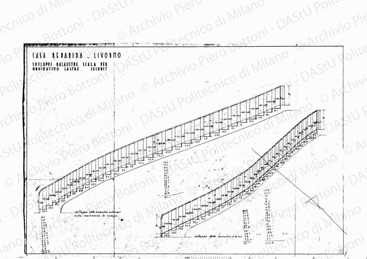 Casa Bedarida, Livorno, sviluppo balaustre scala per ordinativo lastre Securit, scala 1:20, s.d. Eliografia su carta, cm 49,3 x 74,3. Annotazioni a matita.