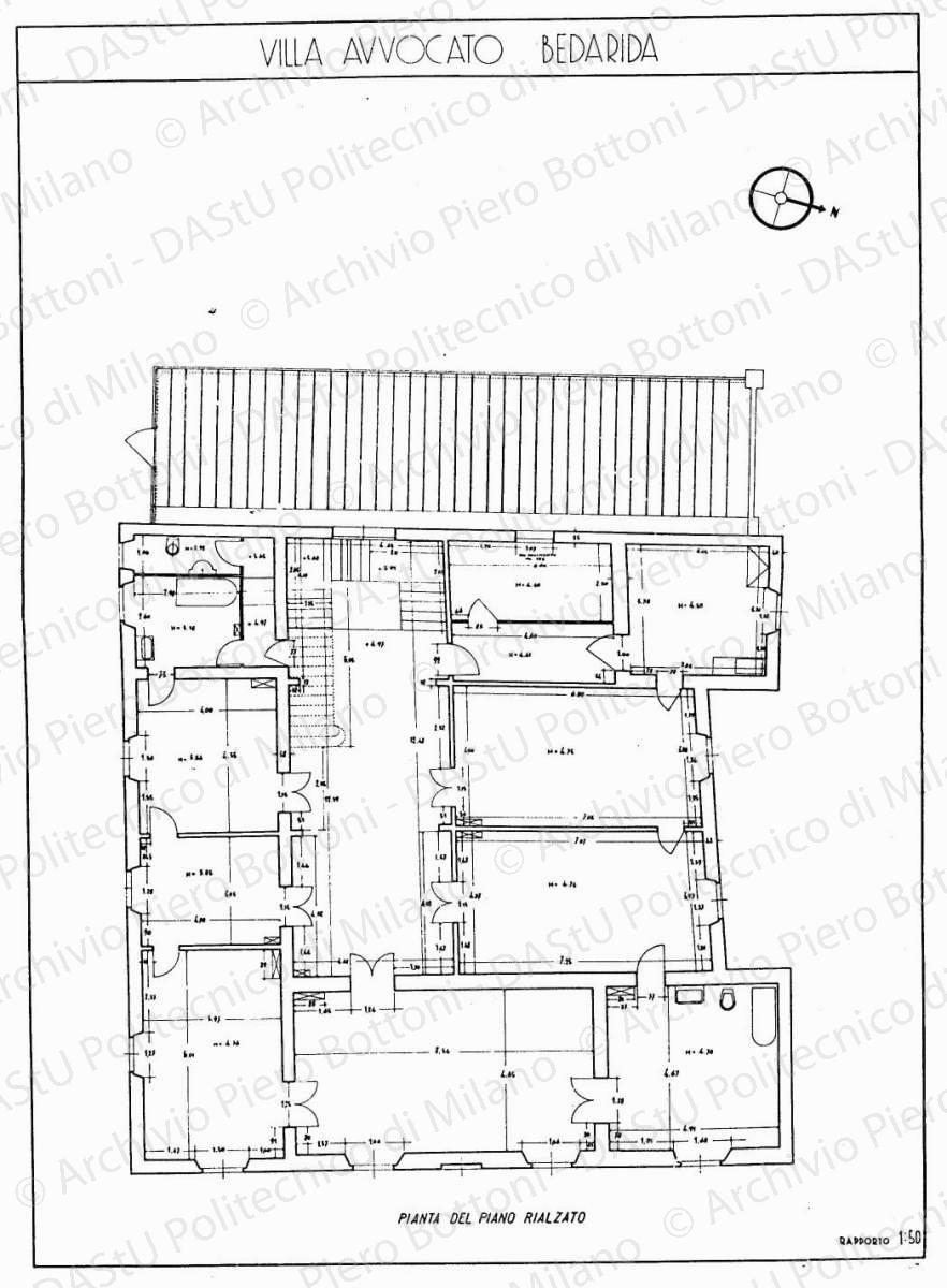 Villa avvocato Bedarida, pianta del piano rialzato [ma 1 piano], scala 1:50, s.d. China su lucido, cm 72,2x52,2. 