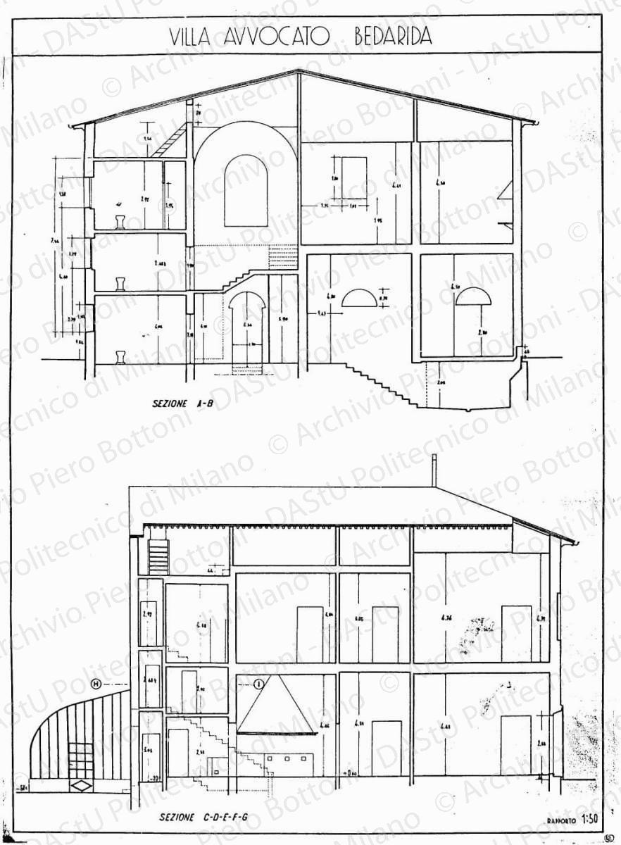 Villa avvocato Bedarida, sezione A-B, sezione C-D-E-F-G, scala 1:50, s.d. China su lucido, cm 73,0x53,0. 