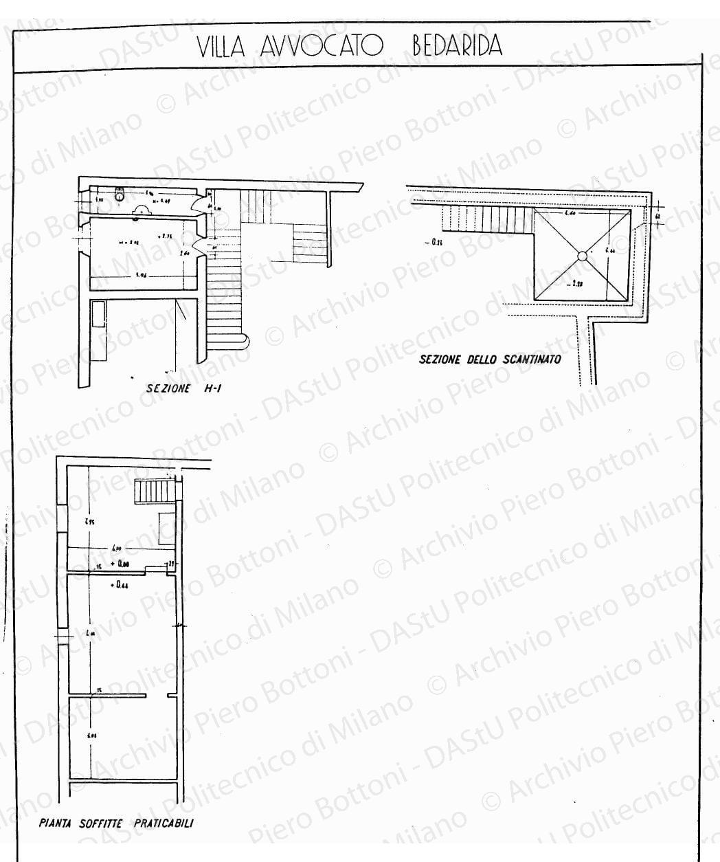Villa avvocato Bedarida, pianta soffitte praticabili, sezione H-I, sezione dello scantinato, scala 1:50,s.d. China su lucido, cm 72,9x52,9. 