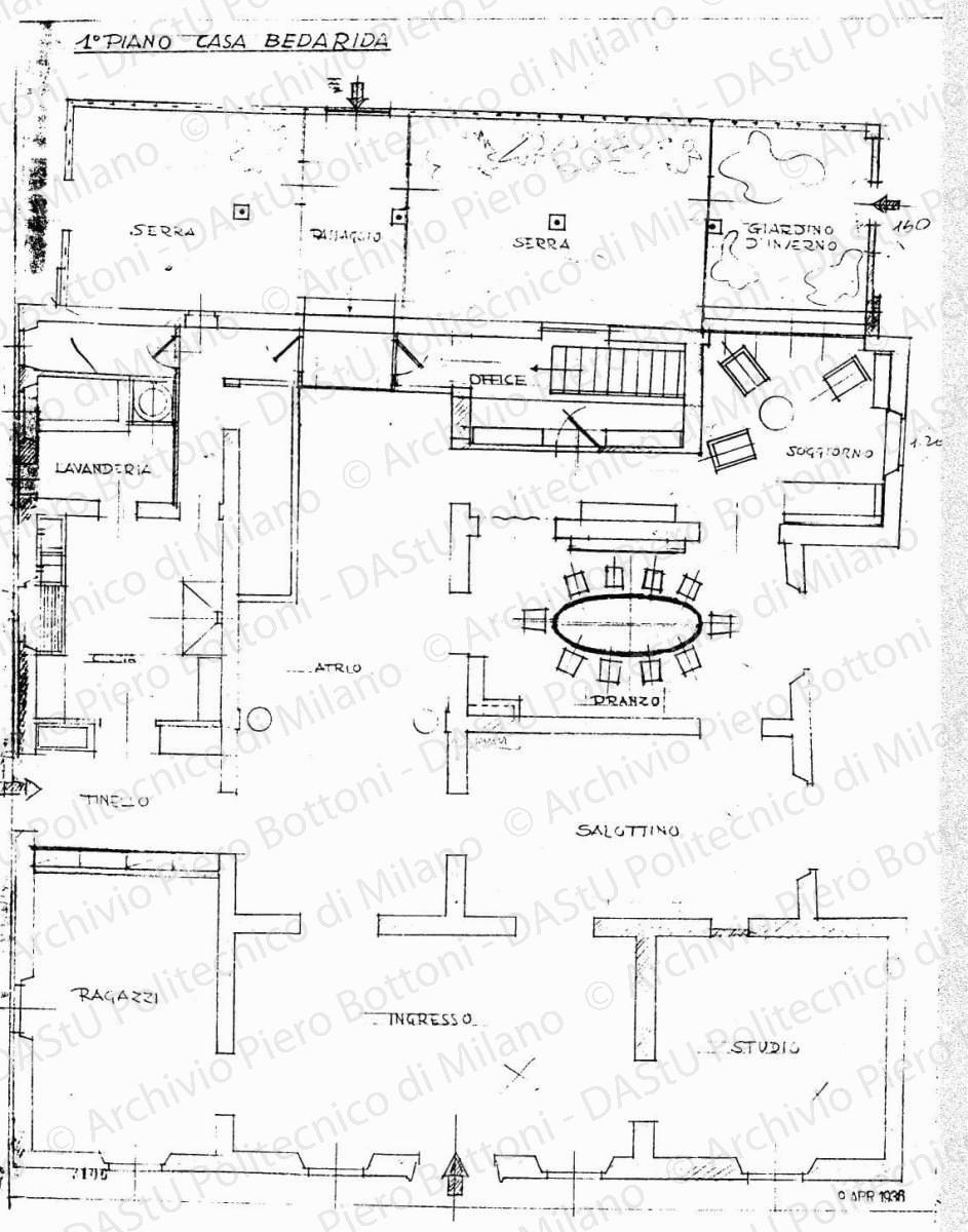 Casa Bedarida, pianta 1 piano [ma piano terra] con arredo, scala 1:50, prot. 2106, 9 aprile 1936. Matita su lucido, cm 51,6x41,0. 