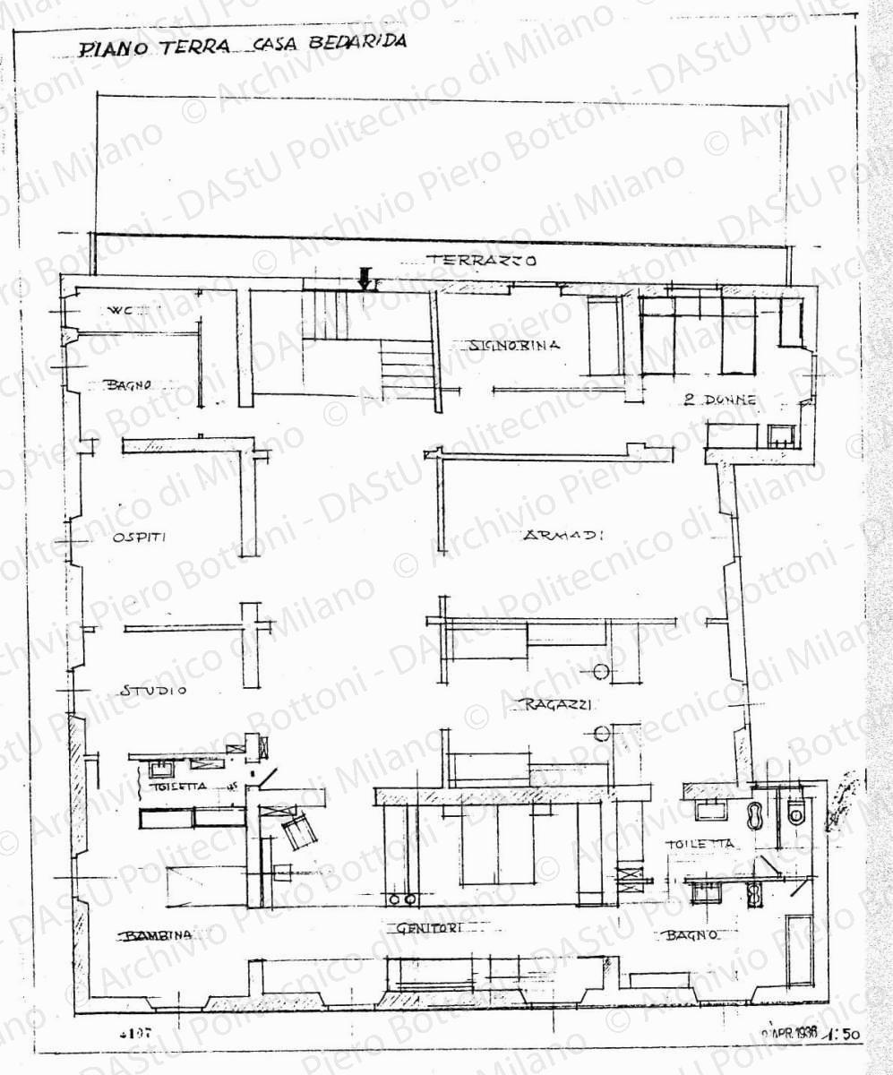Casa Bedarida, pianta piano terra [ma 1 piano] con arredo, scala 1:50, prot. 2107, 9 aprile 1936. Matita su lucido, cm 52,7x43,6. 