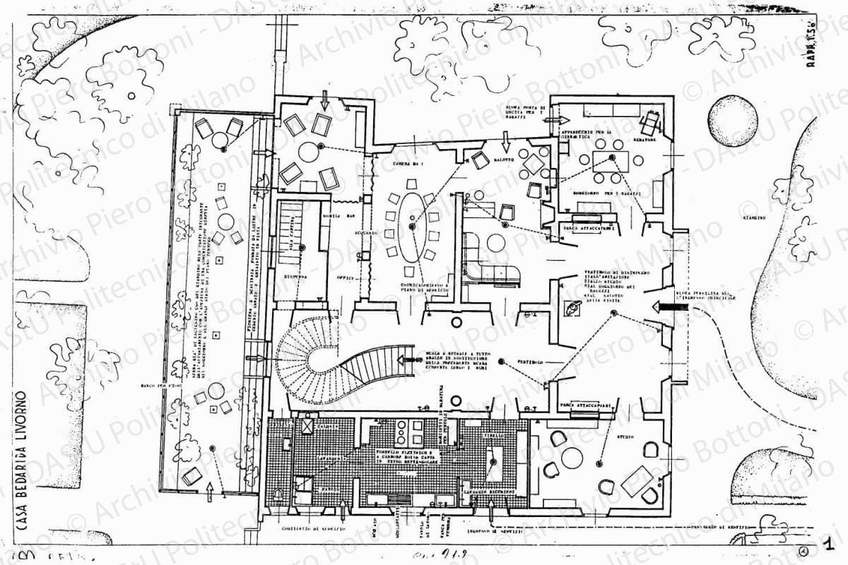 Casa Bedarida, Livorno, pianta del piano terra con arredo, scala 1:50, 25 aprile 1936. China e collage su lucido, cm 49,8x73,4. 