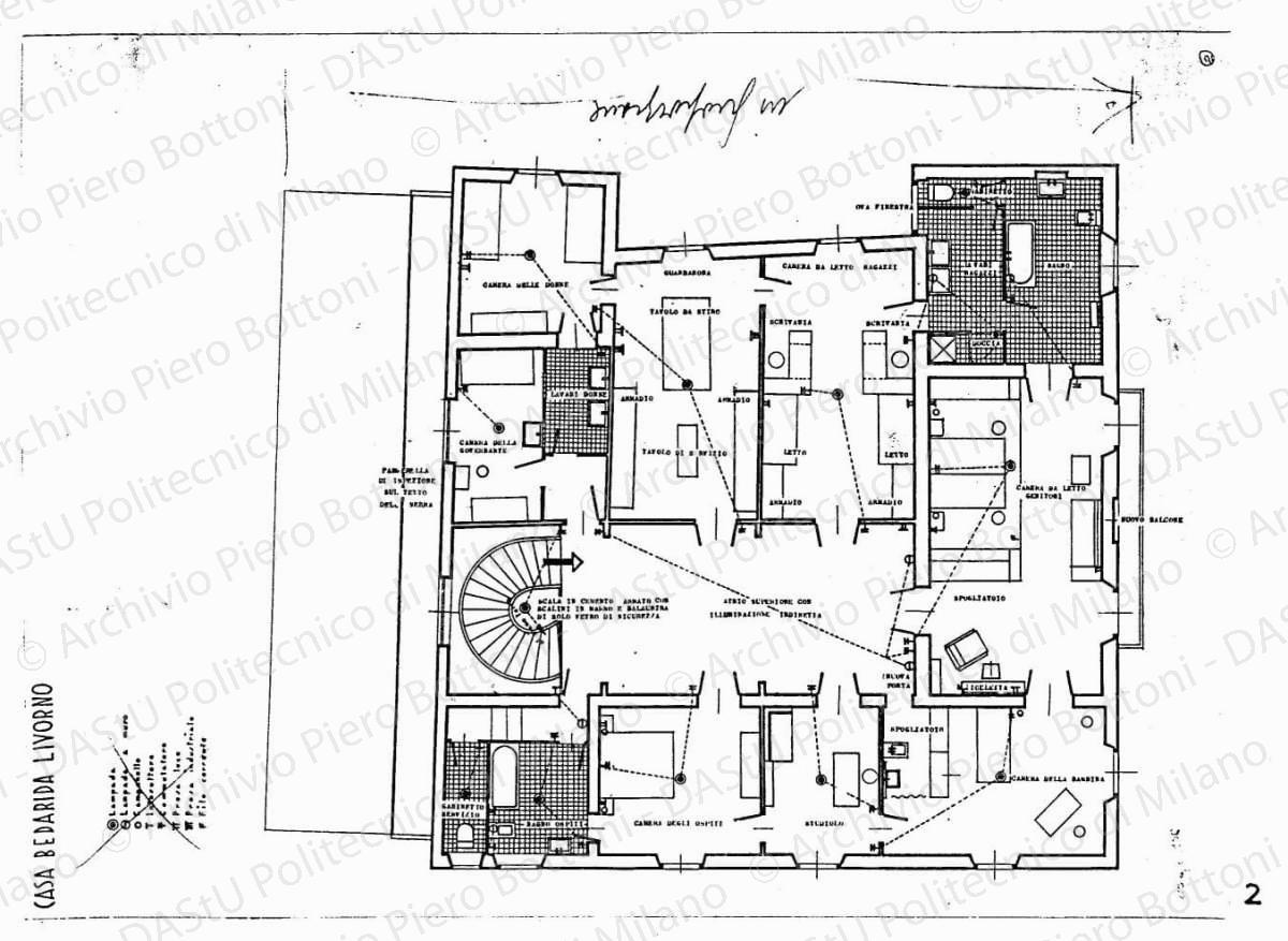 Casa Bedarida, Livorno, pianta del primo piano con arredo, scala 1:50, 25 aprile 1936. China e collage su lucido, cm 48,0x65,0. 