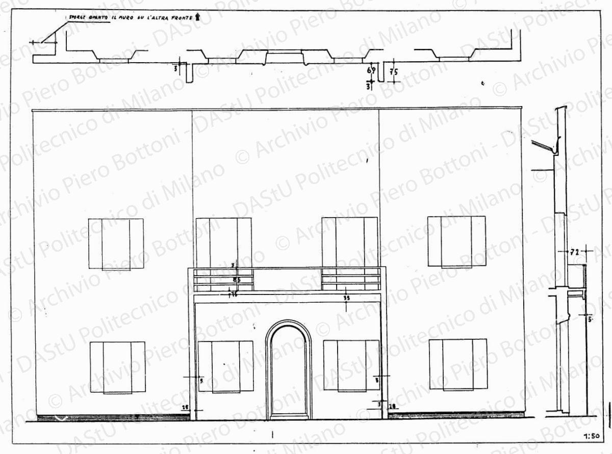 Pianta, sezione e prospetto della facciata, scala 1:50, s.d. China su lucido, cm 38,7x52,5. 