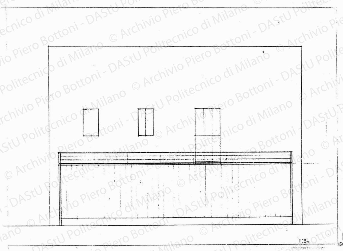 Fronte ovest, scala 1:50, s.d. Matita su lucido, cm 36,8x50,9. 