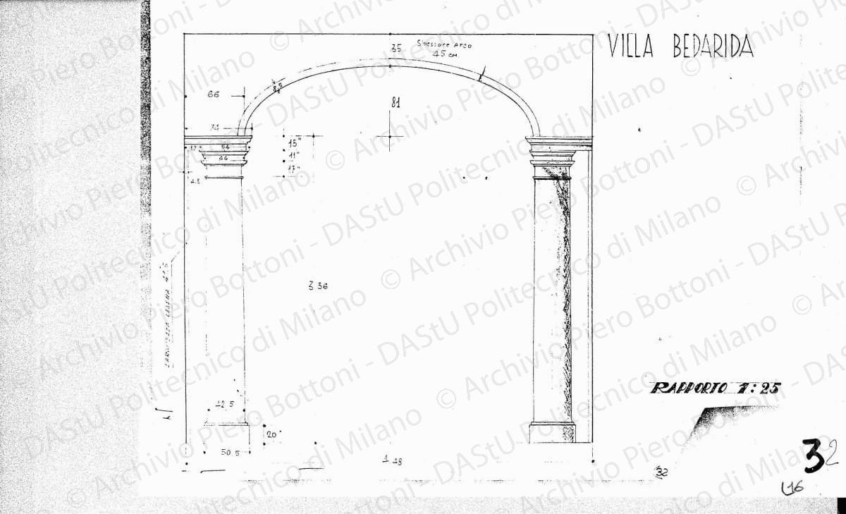 Villa Bedarida, rilievo dell'arco d'accesso al vano scala (stato di fatto), scala 1:25, s.d. Matita su carta, cm 22,0x28,4. 