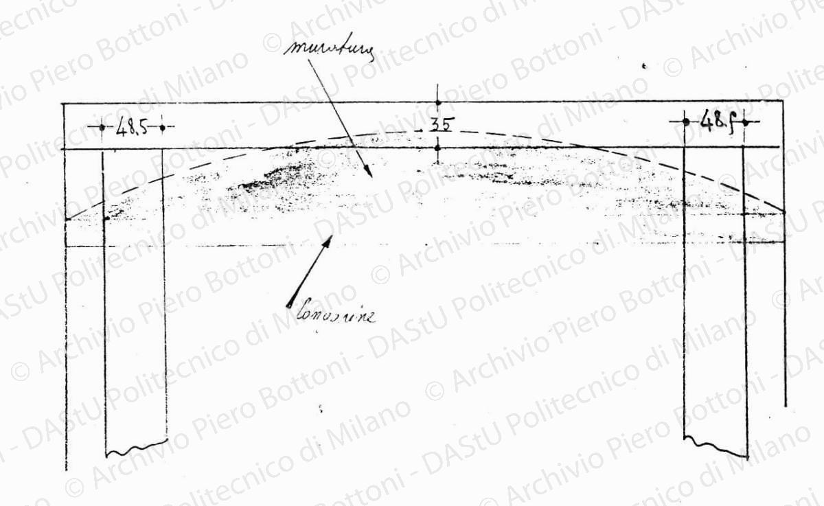 Studio sistemazione arco d'accesso al vano scala, scala 1:25, s.d. Matita e matite colorate su lucido, cm 13,3x21,6. 