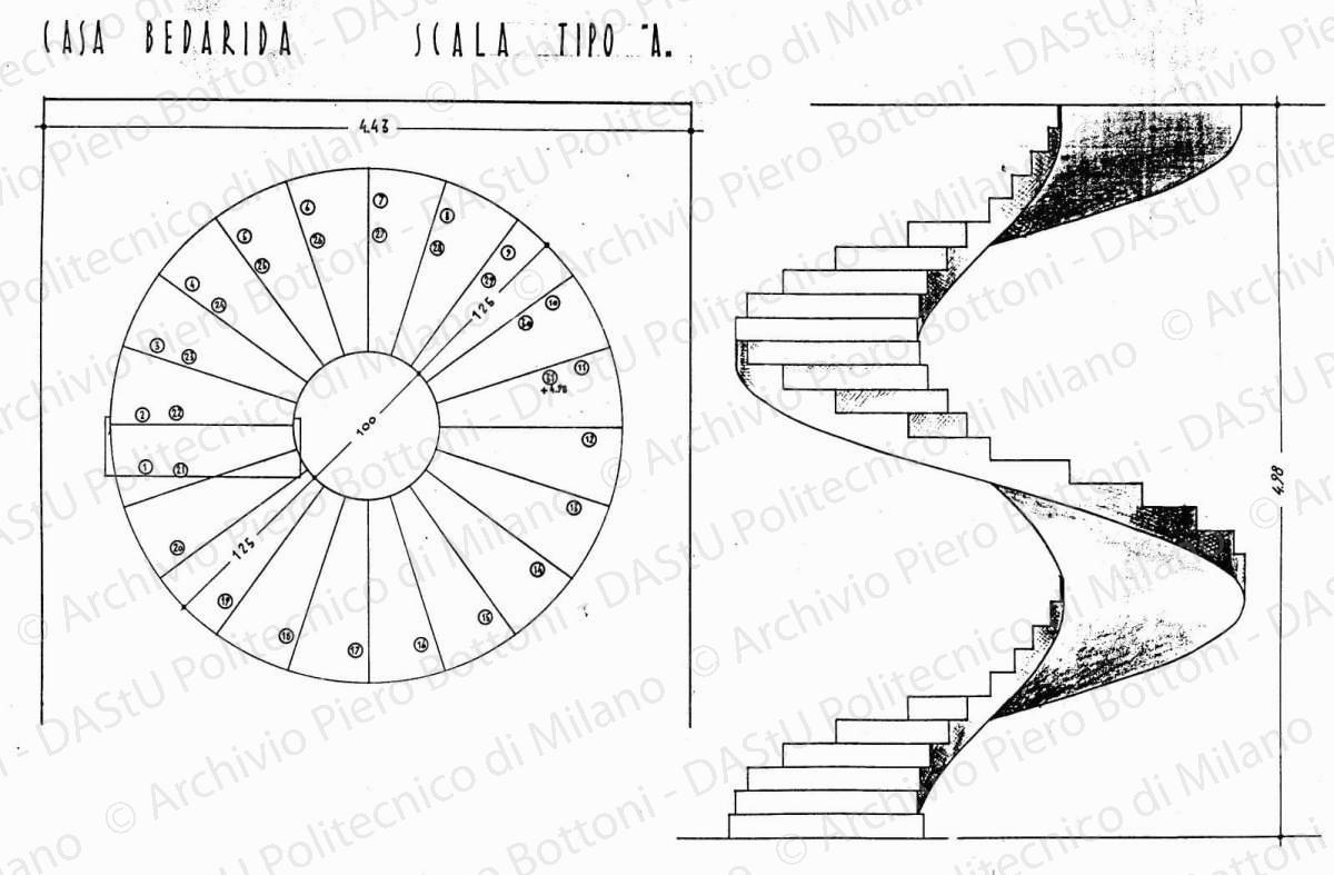 Casa Bedarida, scala tipo A, pianta e prospetto, scala 1:20, s.d. China e matita su lucido, cm 36,4x51,9. 
