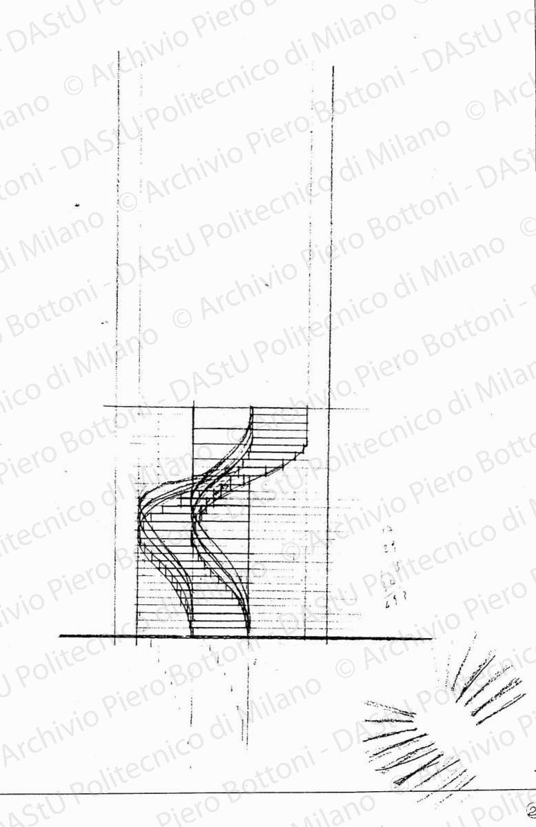 Schizzo prospettico della scala tipo B, s.d. Matita su lucido, cm 36,5x25,6. 