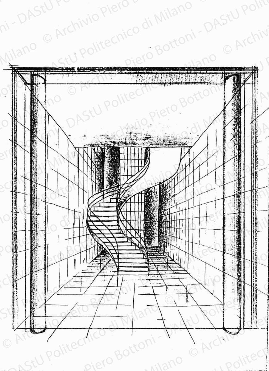 Veduta prospettica della scala tipo B, s.d. China e matita su lucido, cm 31,1x22,2. 