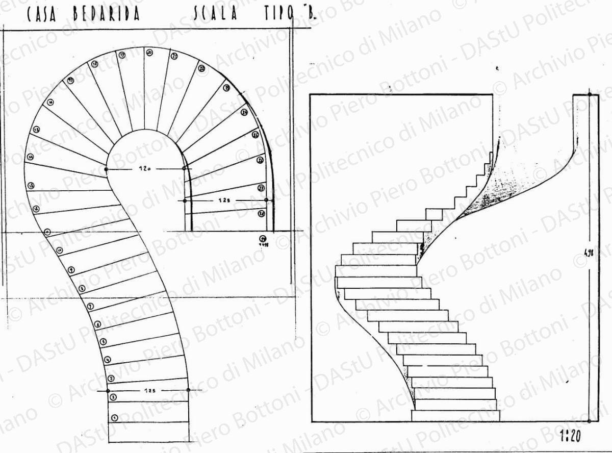 Casa Bedarida, scala tipo B, pianta e prospetto, scala 1:20, s.d. China e matita su lucido, cm 37,5x51,7. 