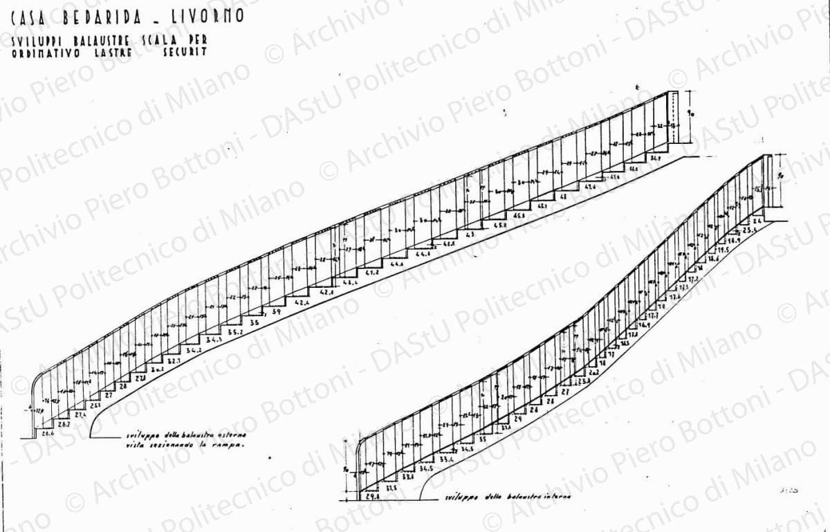 Casa Bedarida, Livorno, sviluppo balaustre scala per ordinativo lastre Securit, scala 1:20, s.d. China su lucido, cm 48,5x73,7. 