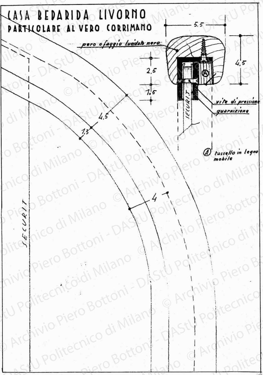 Casa Bedarida, Livorno, particolare al vero del corrimano, scala 1:1, s.d. Matita e china su lucido, cm 37,0x25,7. 
